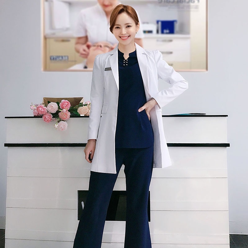 Medical Lab Years - Langärmliger weißer Laborkittel, Arztuniform, schmal geschnittene